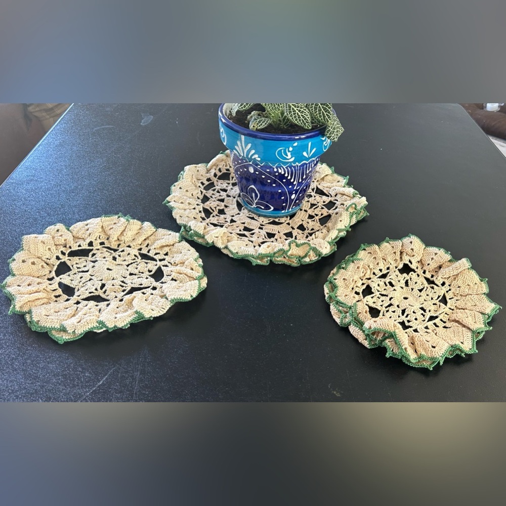 Vintage Hand Crocheted Doily Set of 3 Ivory Green 13" and 9"